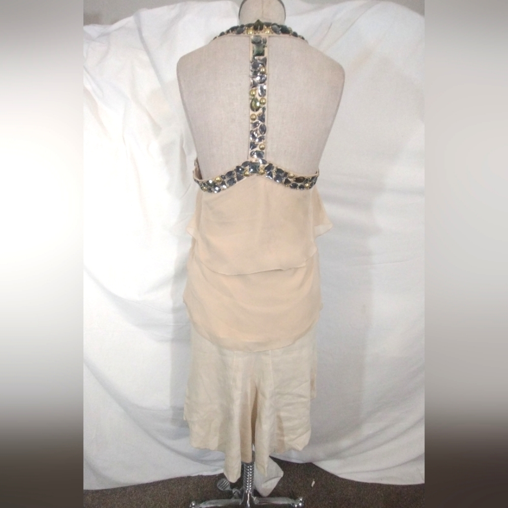 Bebe Skirt +Top Set, Jeweled, Warm Beige, Asymmetrical Hem, open back, S